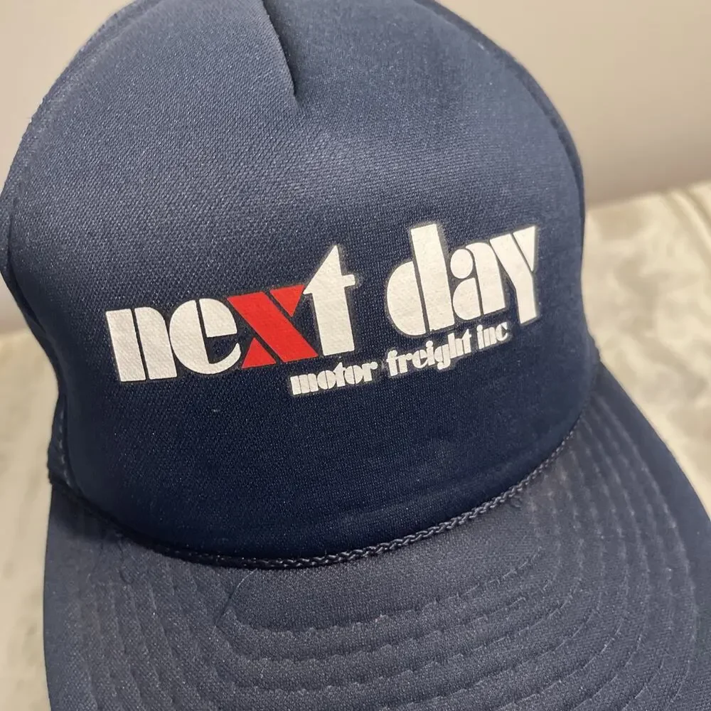 VINTAGE Next Day Motor Freight Hat Cap Snap Back Blue Mesh Trucker Mens 80s 90s